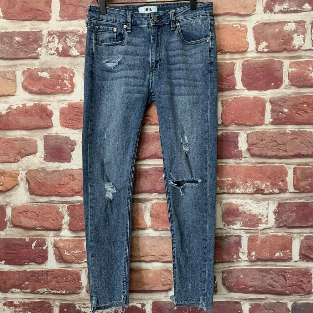 JBD WOMEN'S BLUE DENIM RAW EDGE MID RISE DISTRESSED SKINNY JEANS